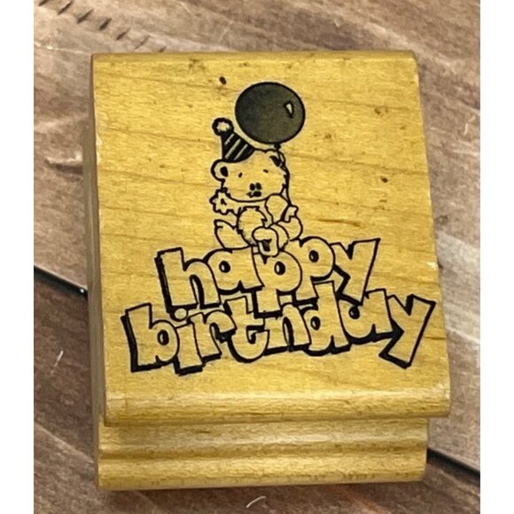 RARE LEIGH'S WISHING WELL HAPPY BIRTHDAY BEAR WOOD MOUNTED RUBBER STAMP HAWAII - Picture 1 of 6